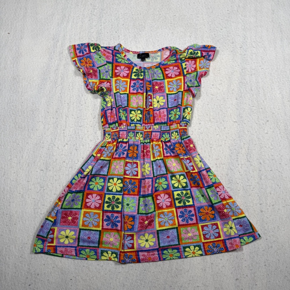 Picapino Girls Size 7 Multi Color Floral Patchwork Glitter Smocked Waist Dress